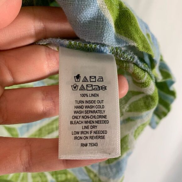 Sigrid Olsen 100% Linen Blouse Women's Large Green Blue Floral Button Up Short S - Picture 6 of 7